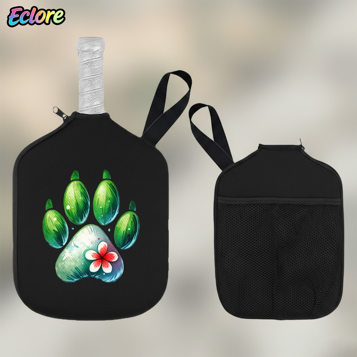 Pickleball Paddle - Green Watercolor Paw Print Paddle Cover,